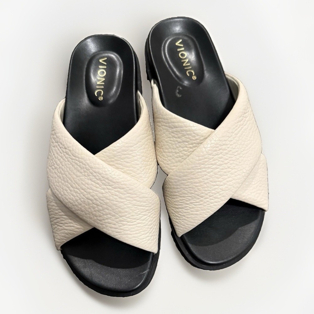 Vionic Vesta Leather Slide  Comfort Sandals Size 8 Ivory